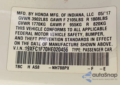 2017 Honda Civic Ex-L from USA, damaged, VIN 19XFC1F70HE020456
